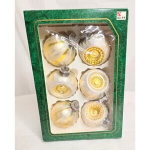 6 Vintage Designer Glass Ornaments White & Gold Round (KMart) Christmas by Krebs